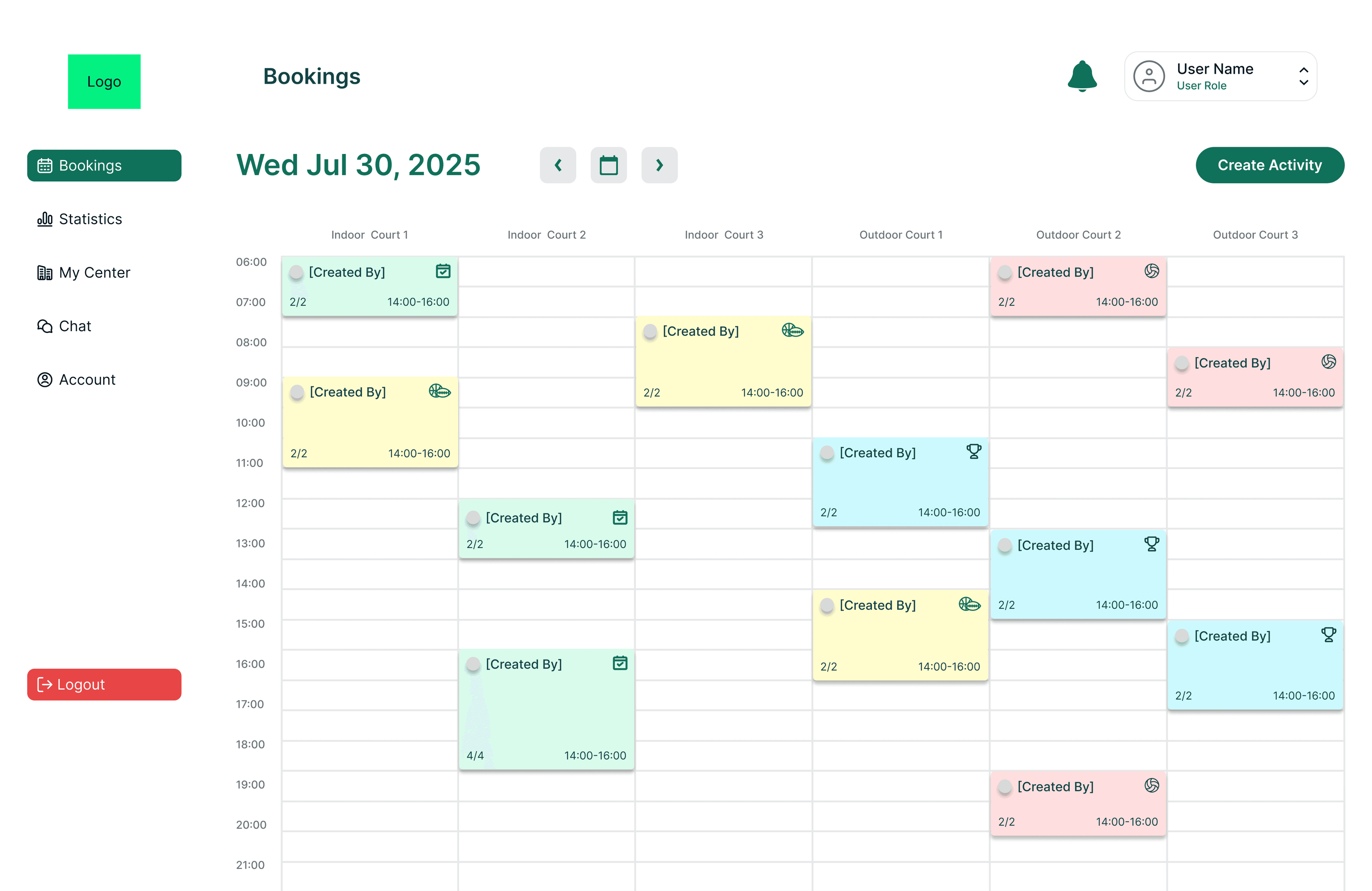 Player Bash centre booking management calendar