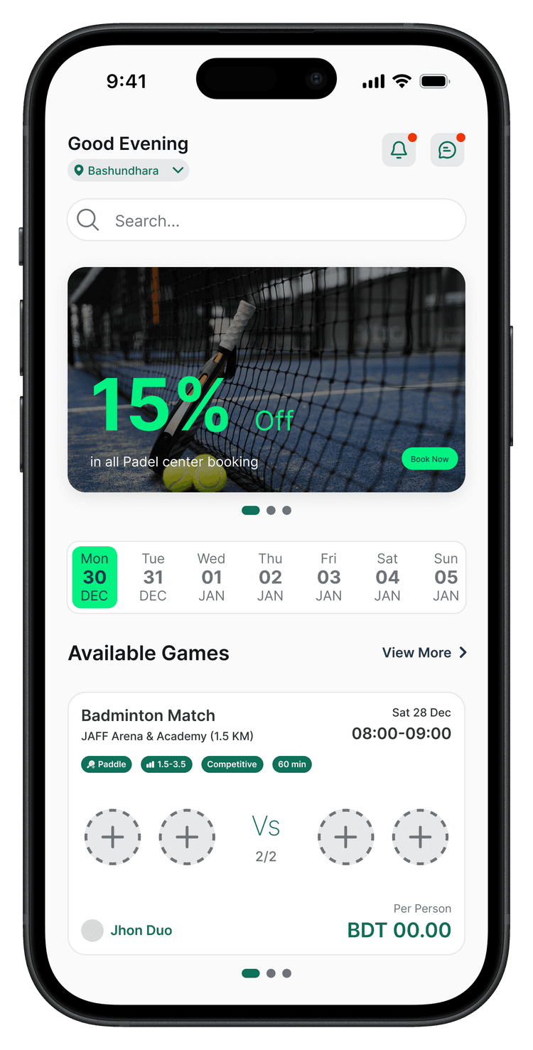Player Bash mobile app home screen