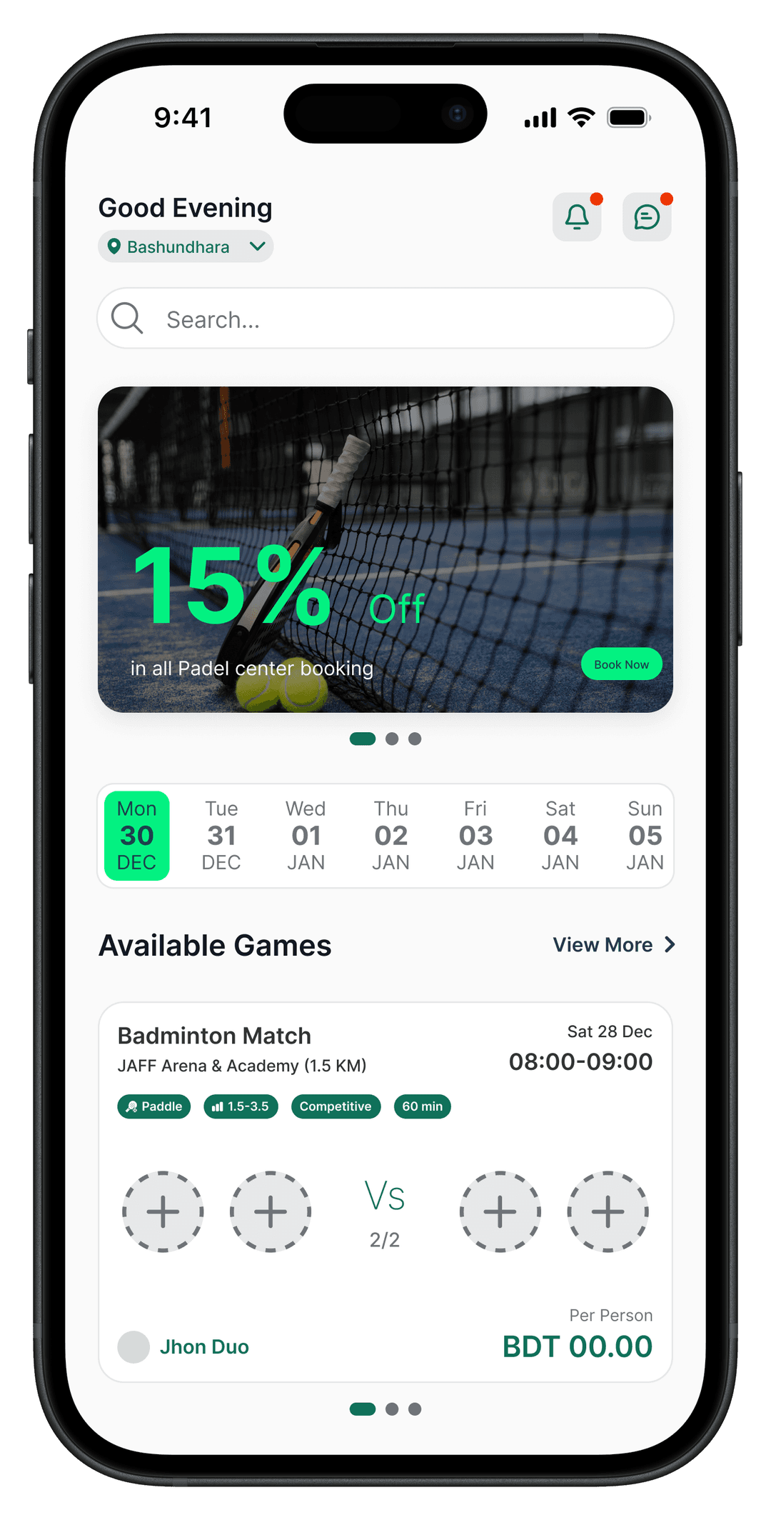 Player Bash mobile app showing available games